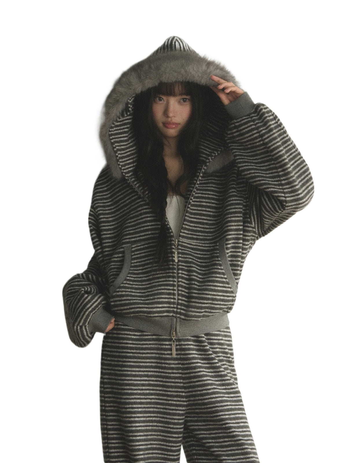 Striped Faux Fur Hooded Zip Cardigan
