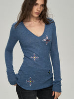 Camel Hair Sequin V-Neck Top