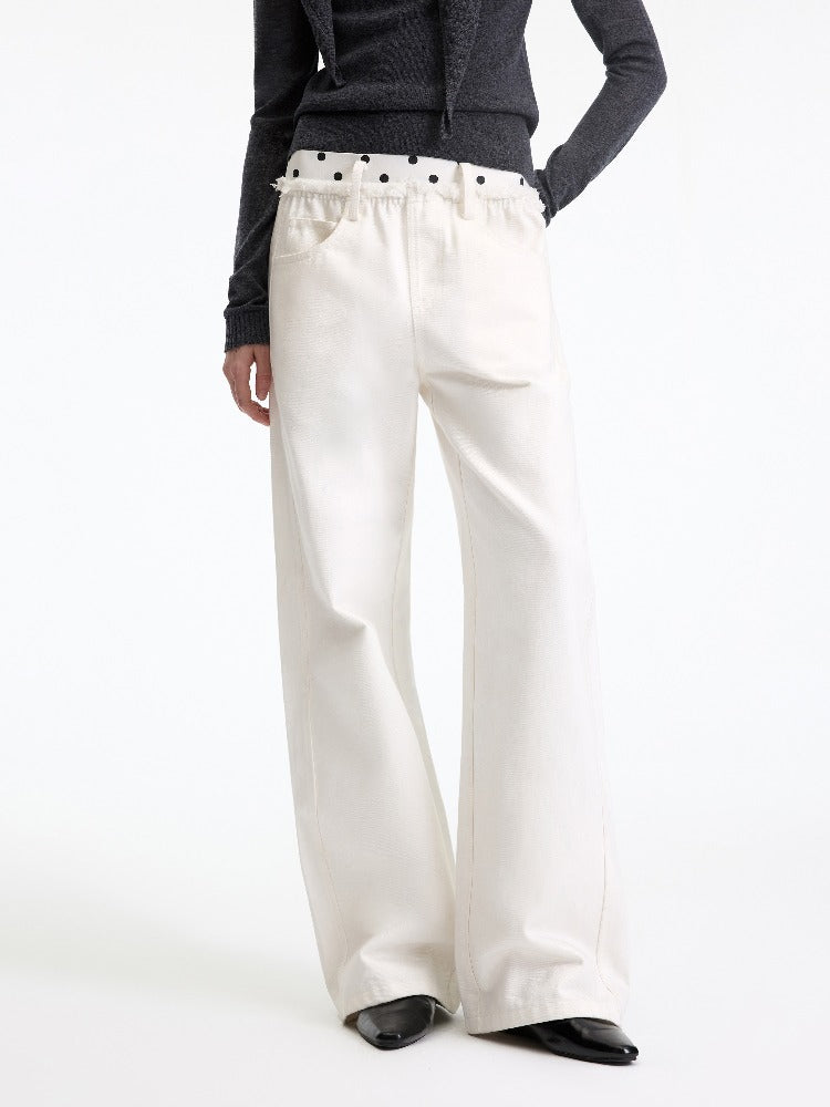 Beige Polka Waist Straight Jeans