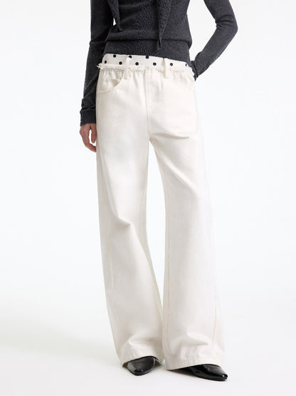 Beige Polka Waist Straight Jeans