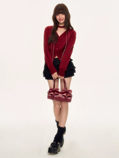 Vintage Red V-neck Knit Cardigan