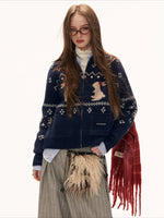 Red Snowflake Bunny Print Knit Cardigan