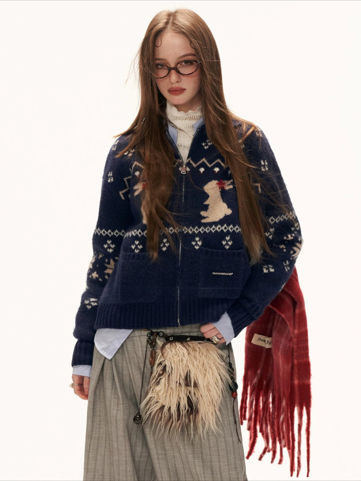Red Snowflake Bunny Print Knit Cardigan