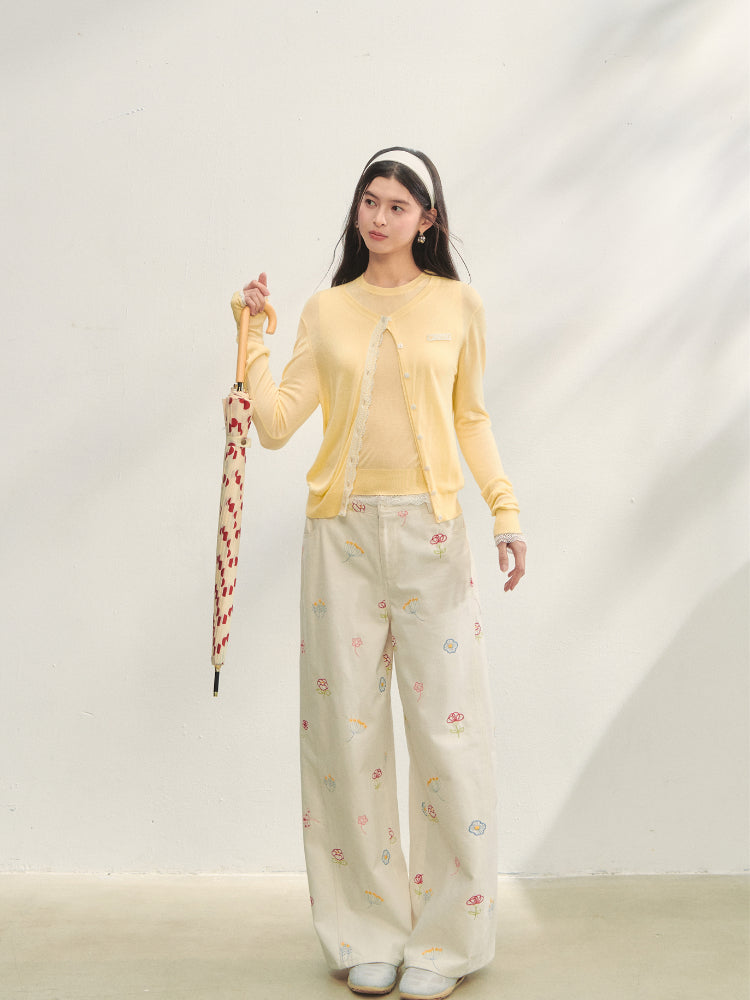 Floral Embroidered Casual Straight-leg Pants