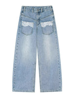 Lace Pocket Washed Curved Denim Jeans