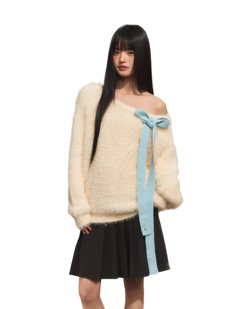 Bow Tie Off-Shoulder Knit Sweater