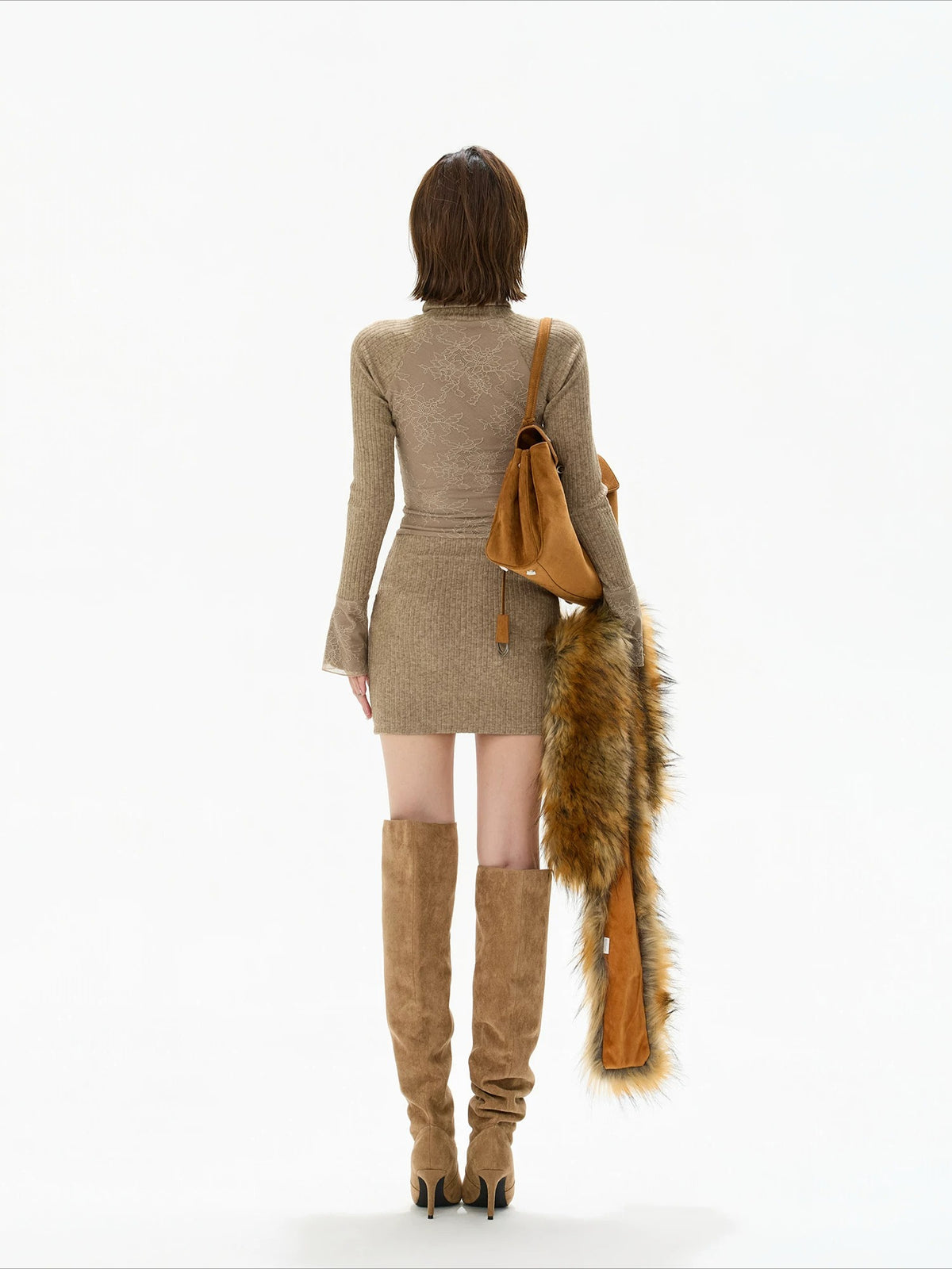 Camel Lace High Neck Knit Dress