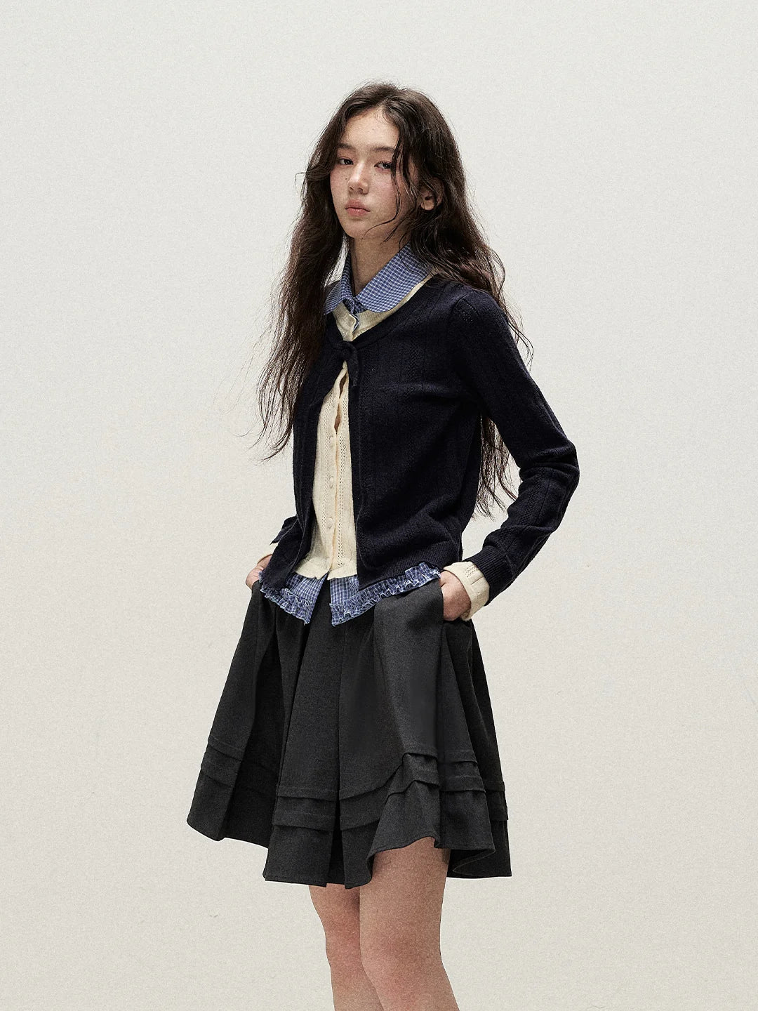 Plaid Collar Layered Knit Top