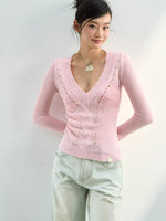 Shimmer Yarn Distressed V-Neck Knit Top