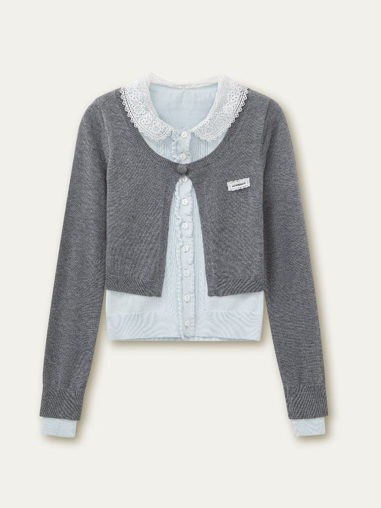 Lace Collar Fake Two-piece Cardigan