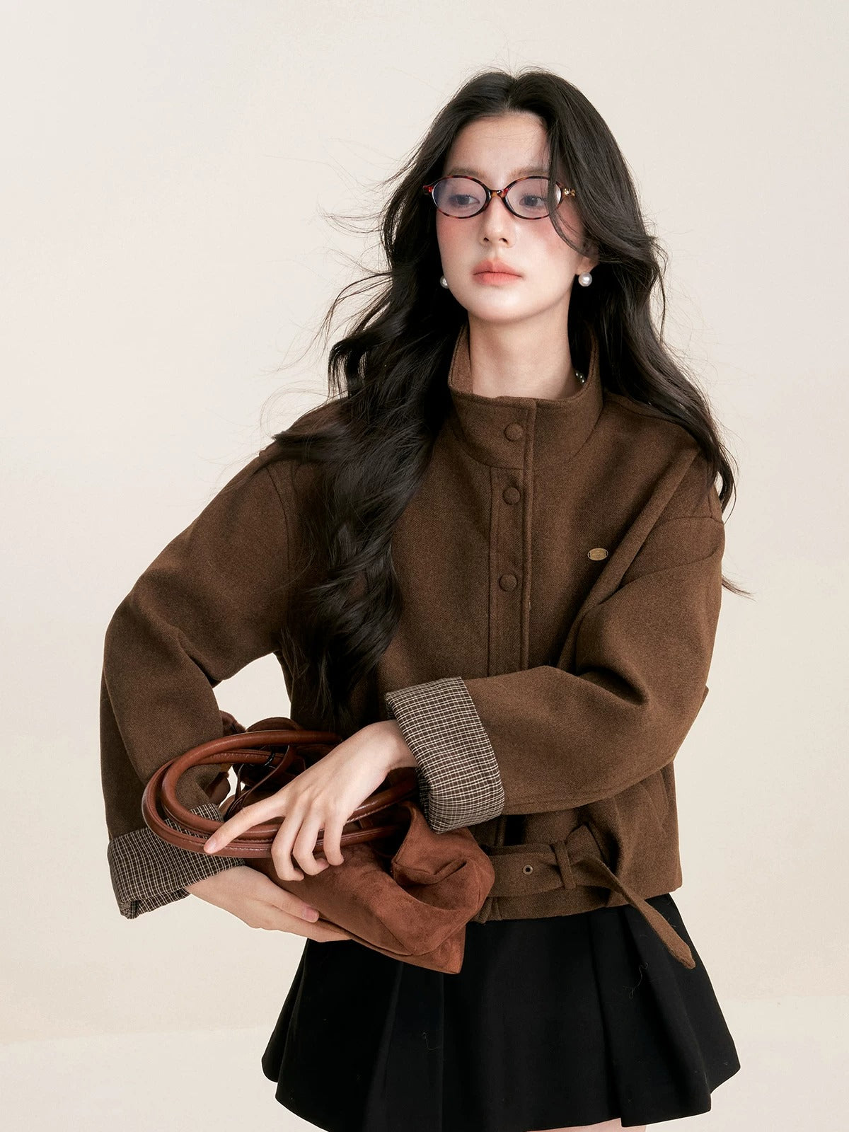 Plaid Trim Belted Coat