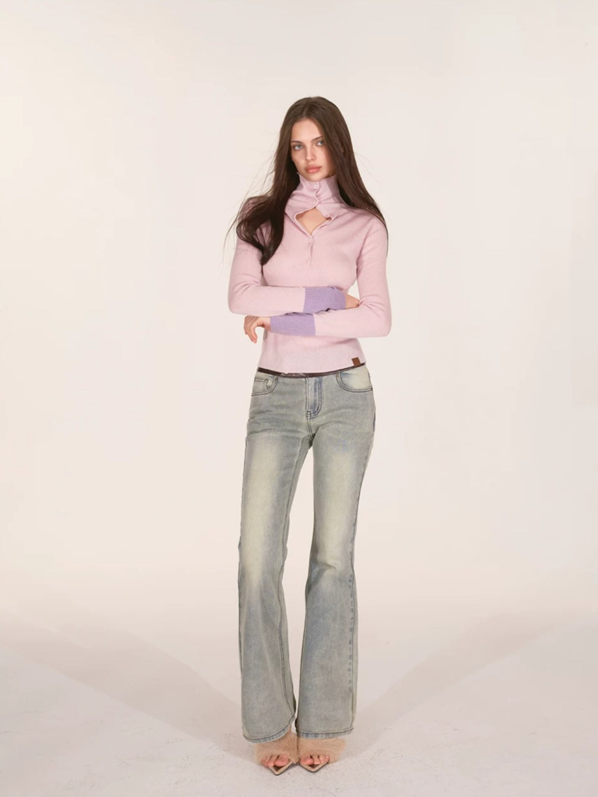 Contrast Cuff Button Neck Sweater