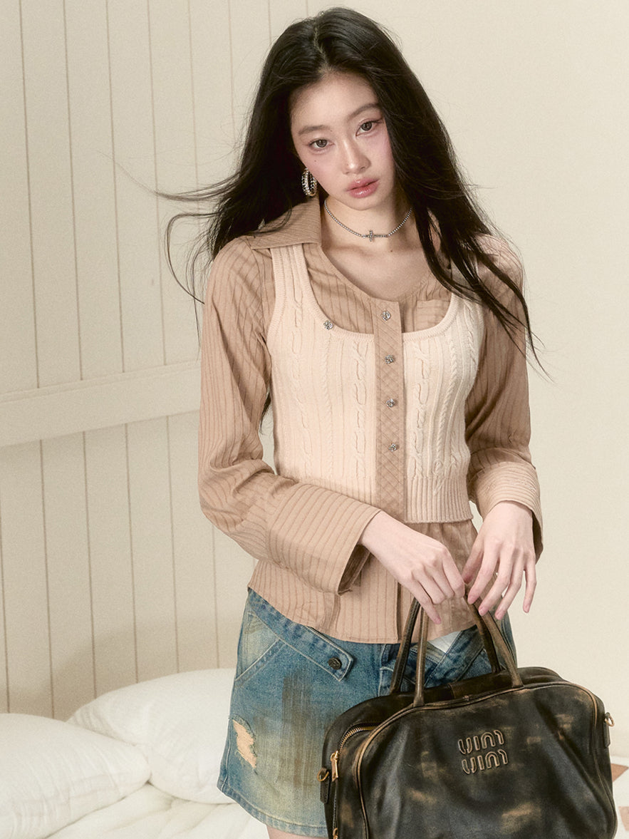 Black &amp; Beige Ribbon Knit Tank Top