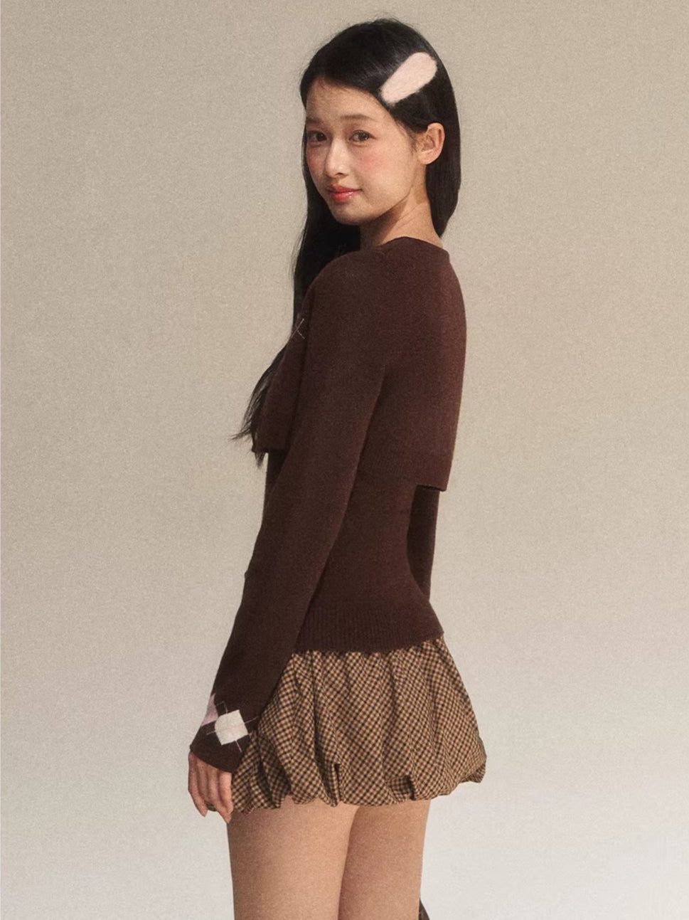 Brown Argyle Knit Cardigan Set