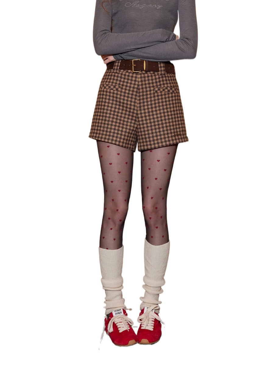 Brown Plaid Wool Belted Shorts