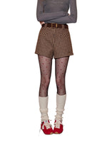 Brown Plaid Wool Belted Shorts