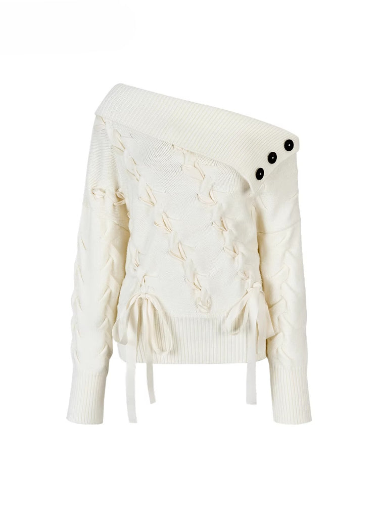 White Off-Shoulder Cross-knit Strap Sweater
