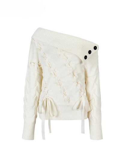 White Off-Shoulder Cross-knit Strap Sweater