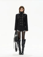 Black Double-Breasted Stand Collar Biker Jacket