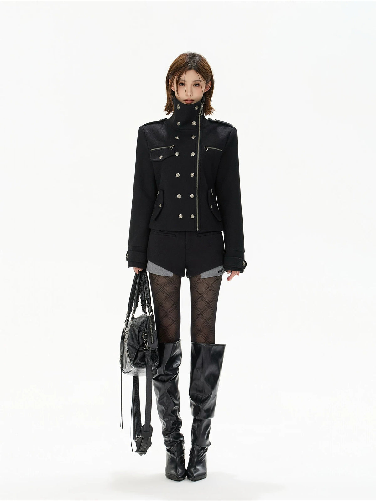 Black Double-Breasted Stand Collar Biker Jacket