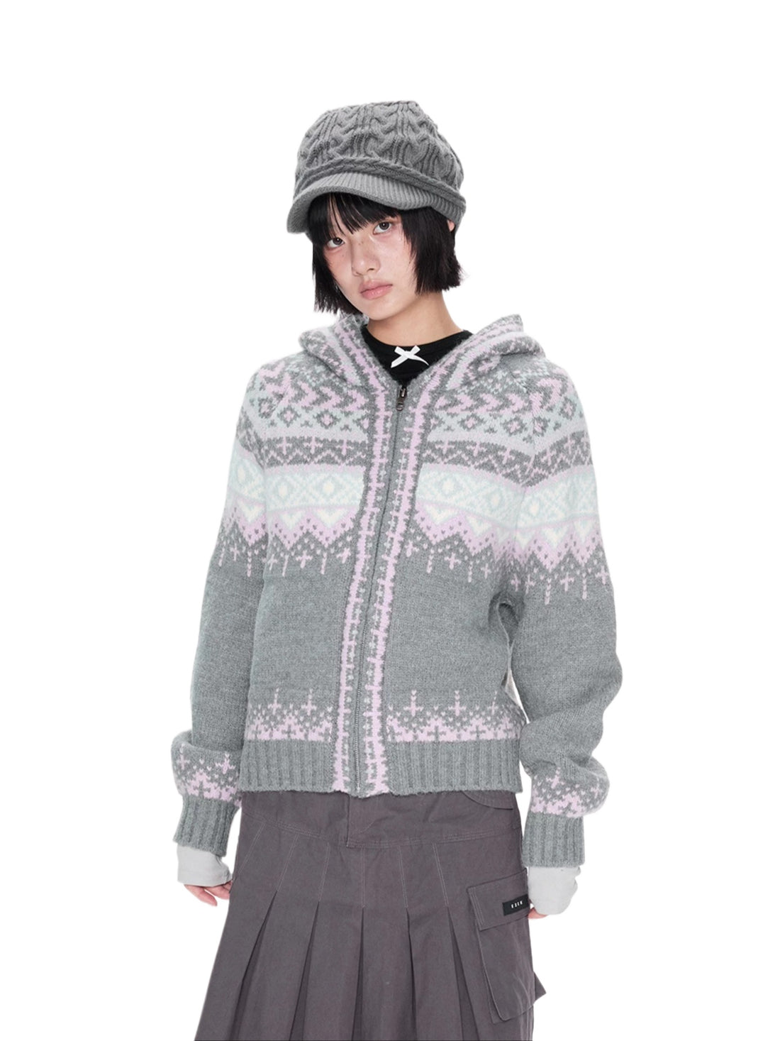 Gray Hooded Zip Knit Cardigan