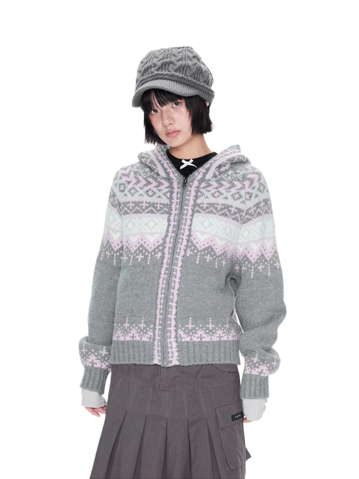 Gray Hooded Zip Knit Cardigan