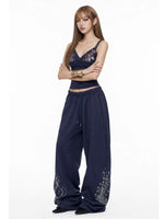 Navy Rhinestone Wide Leg Pants