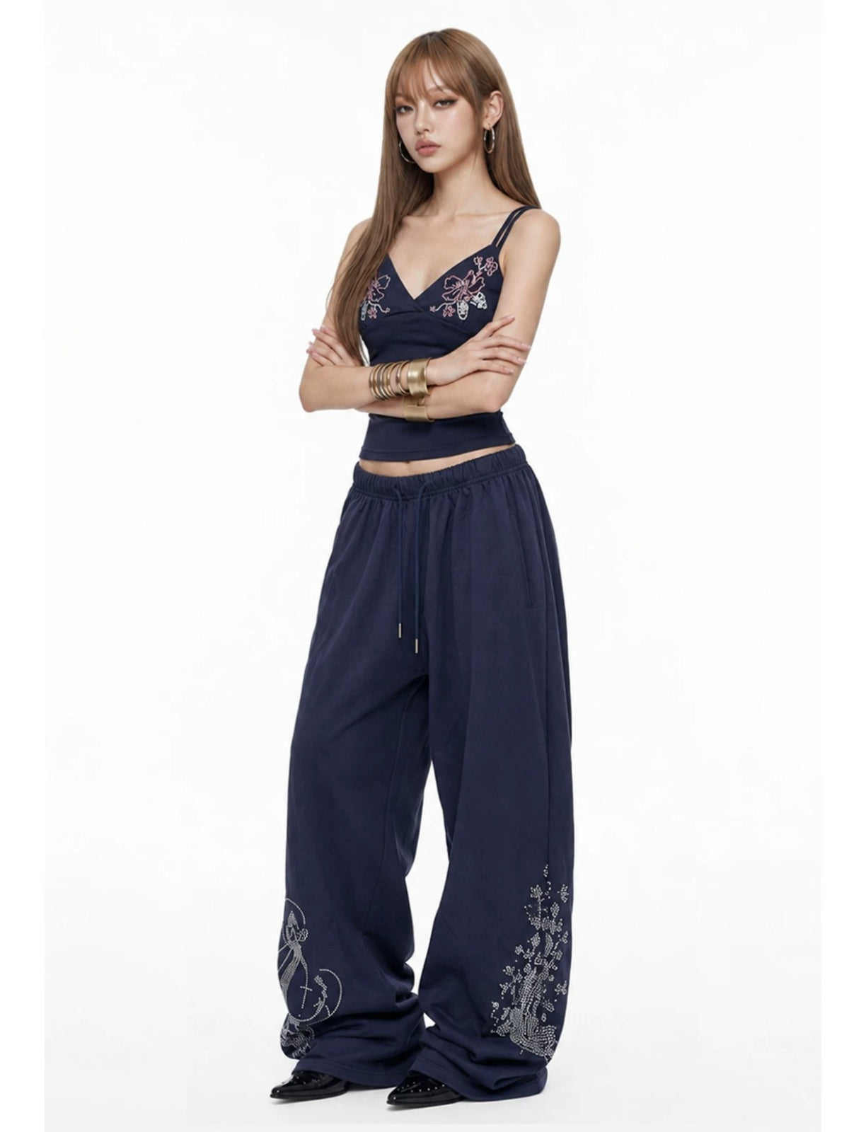 Navy Rhinestone Wide Leg Pants
