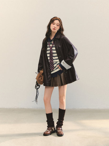 Black H-shaped Cuff Checkered Spliced Leather Jacket