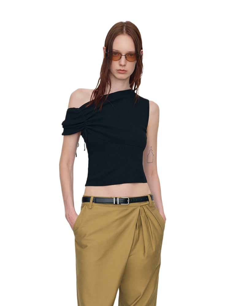 Asymmetric Drawstring Ruched One-Shoulder Tank Top