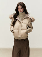 Faux Layered Fur-Trim Hooded Down Jacket