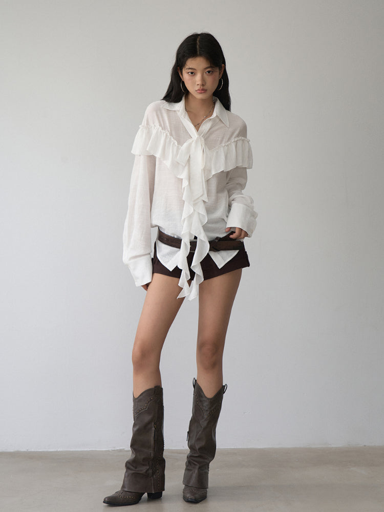 White Ruffled Drawstring Long-Sleeve Shirt