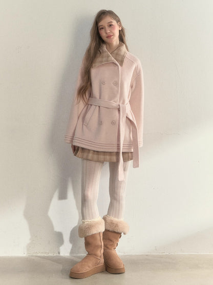 Plaid-Collar Double-Breasted Wool Coat