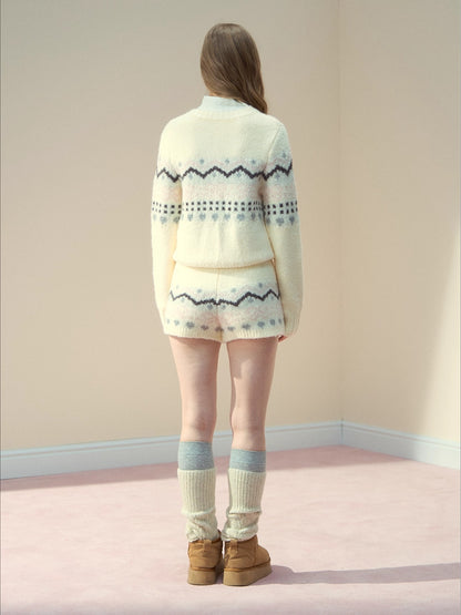 Fair Isle Knit Sweatshirt &amp; Shorts &amp; Scarf Set