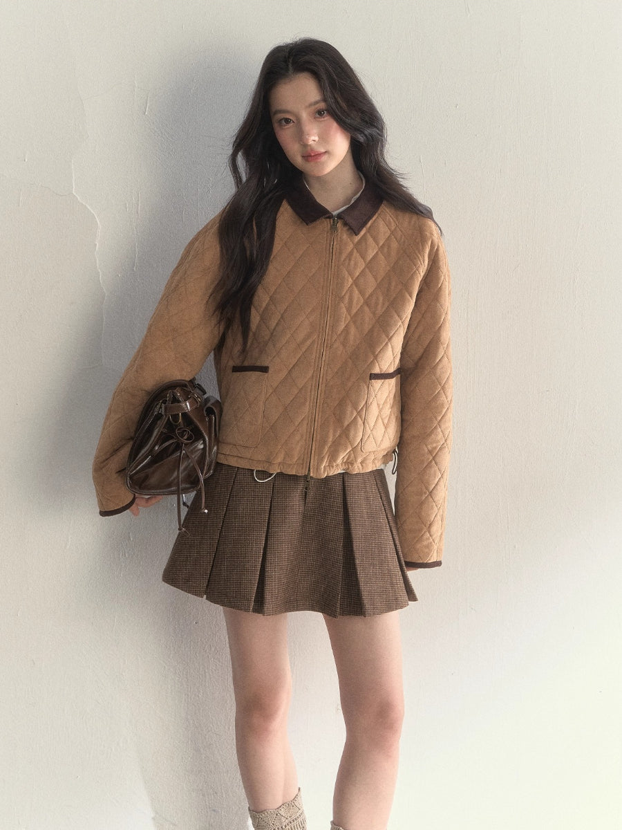 “Cerlue” Reversible Houndstooth Jacket &amp; Pleated Skirt Set