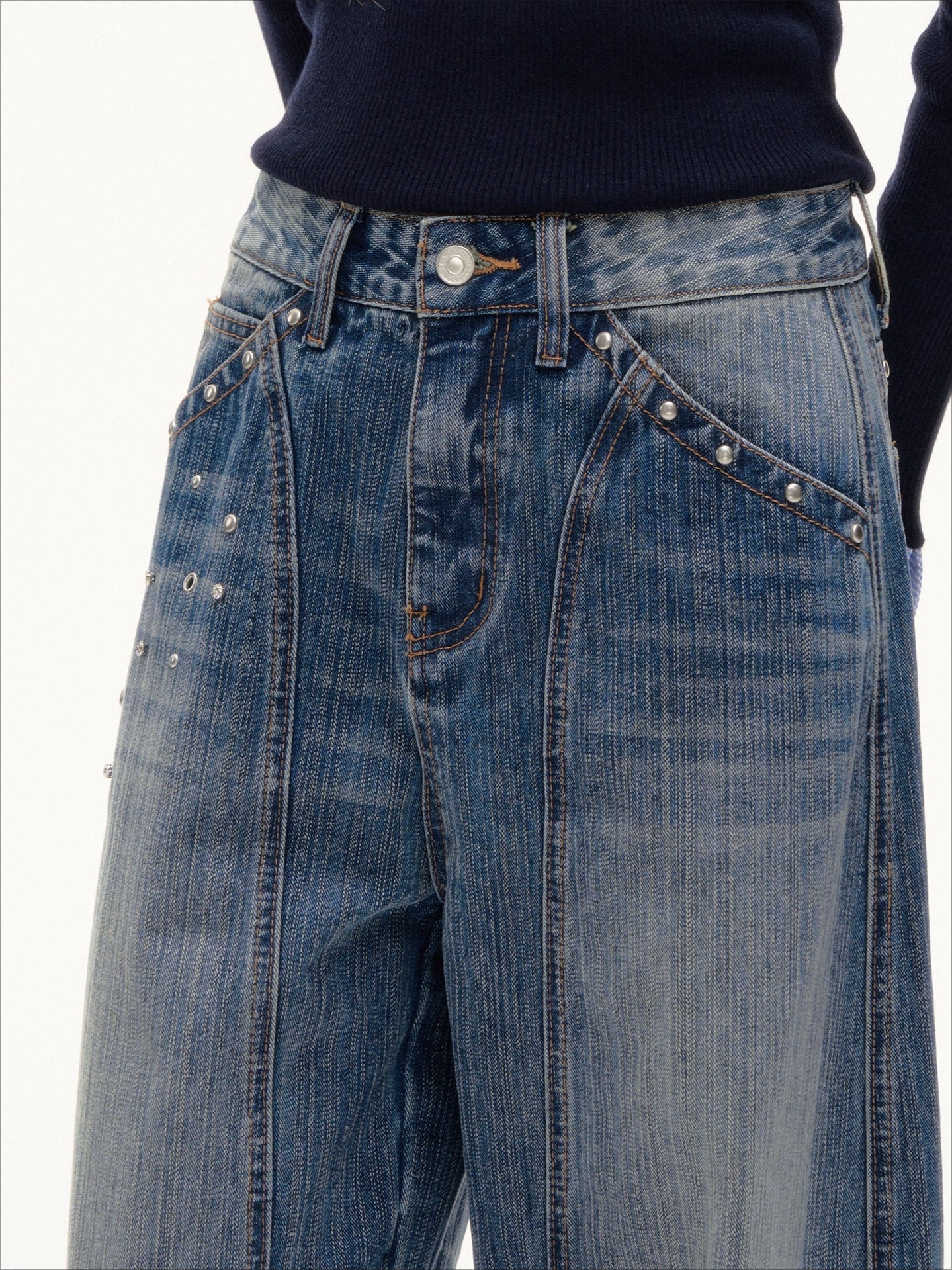 Blue Vintage Studded Wide-Leg Jeans
