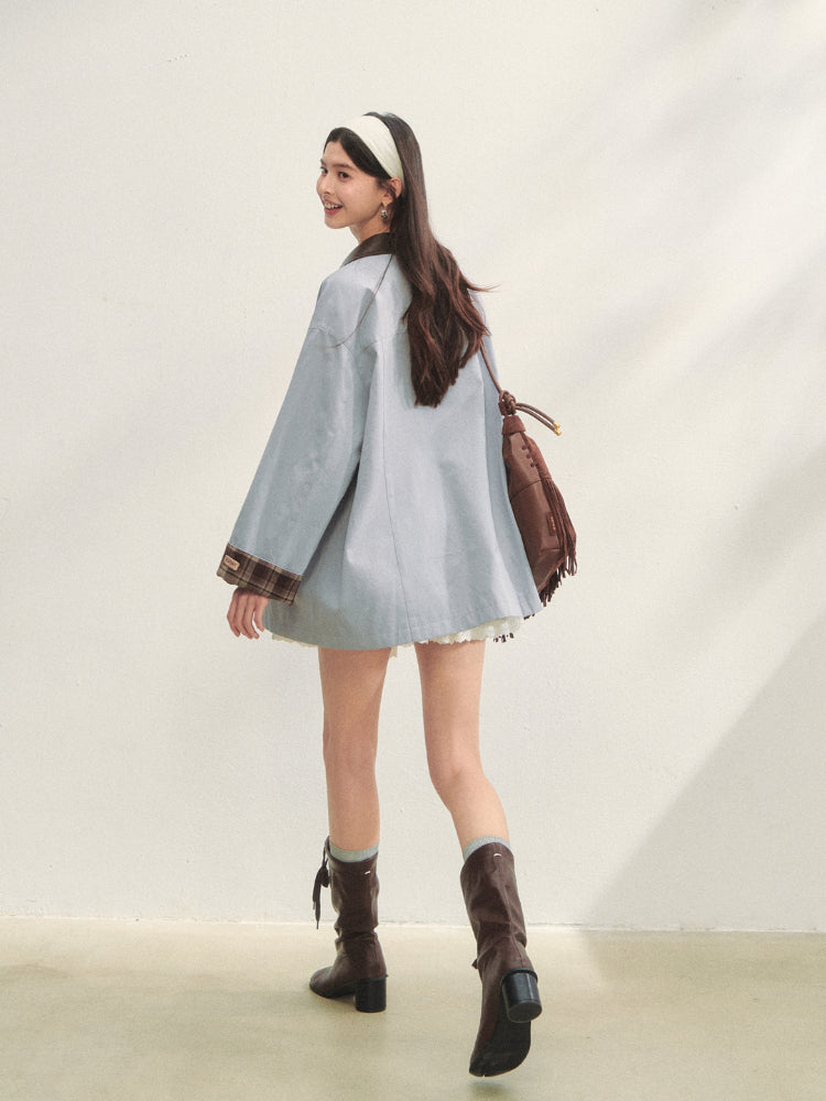 Plaid Patchwork Color-Block Trench Coat