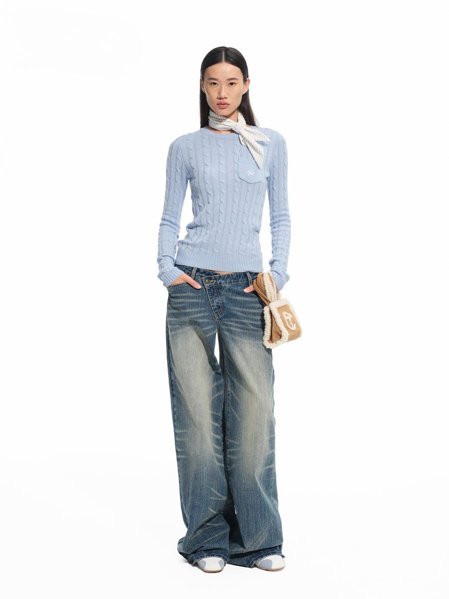 Washed Denim Low-waist Wide-leg Pants