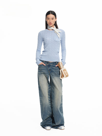 Washed Denim Low-waist Wide-leg Pants