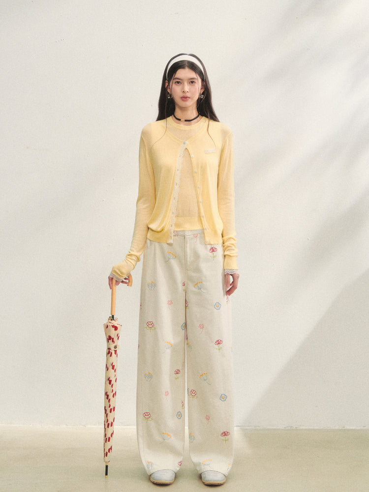 Lace Trimmed Crew Neck Knitted Cardigan Set