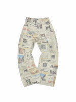 Cat Newspaper Print Canvas Pants