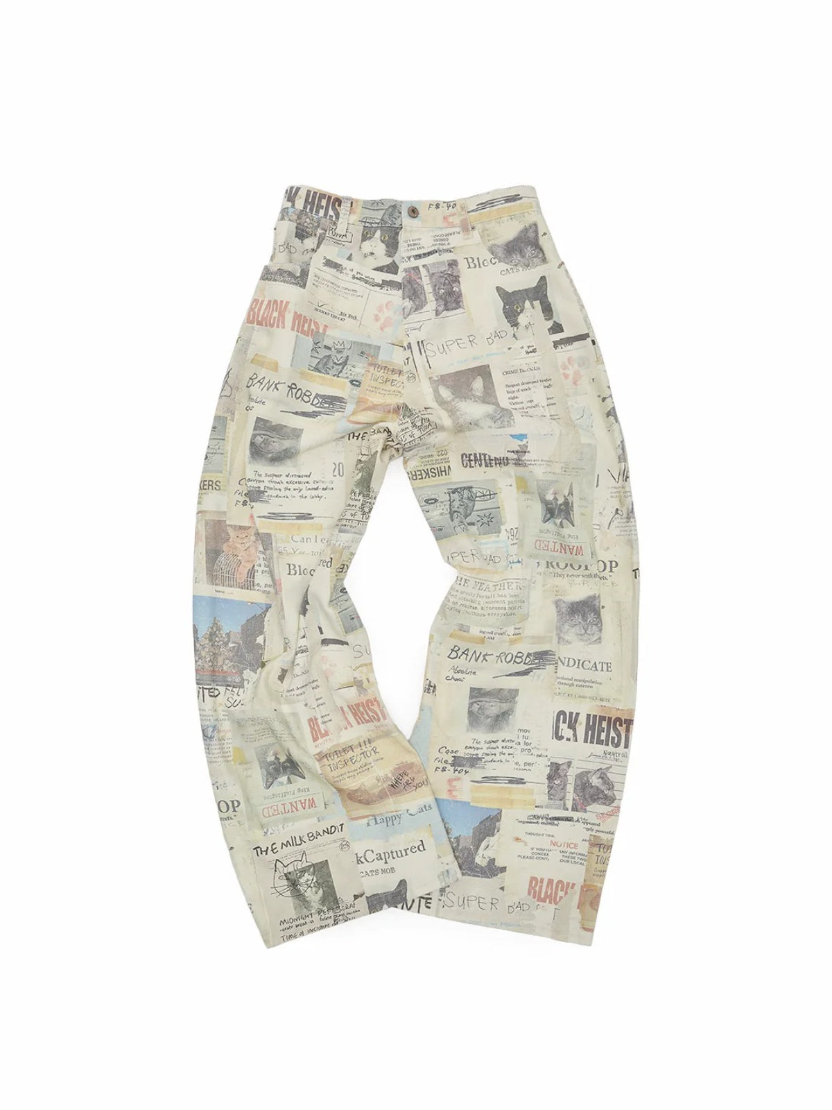 Cat Newspaper Print Canvas Pants