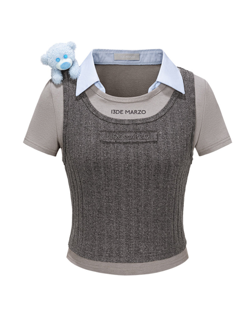 Knitted Layering Vest &amp; Short-sleeve Two-piece T-shirt