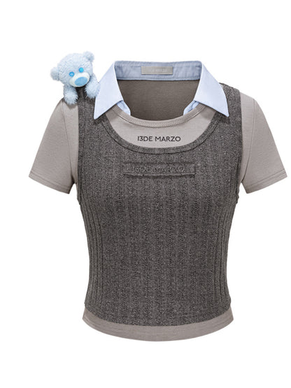 Knitted Layering Vest &amp; Short-sleeve Two-piece T-shirt
