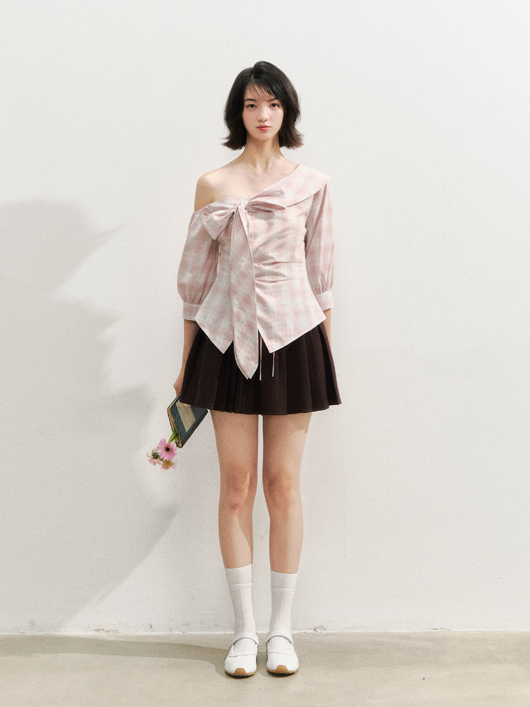 Checkered Bow One-Shoulder Asymmetric Waist-Cinching Shirt