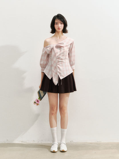 Checkered Bow One-Shoulder Asymmetric Waist-Cinching Shirt