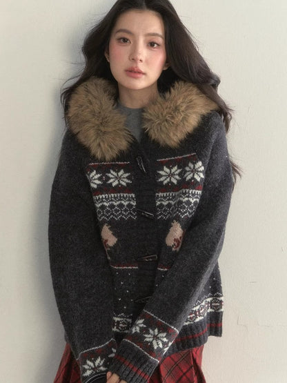 Fair Isle Dog Fur-Collar Cardigan