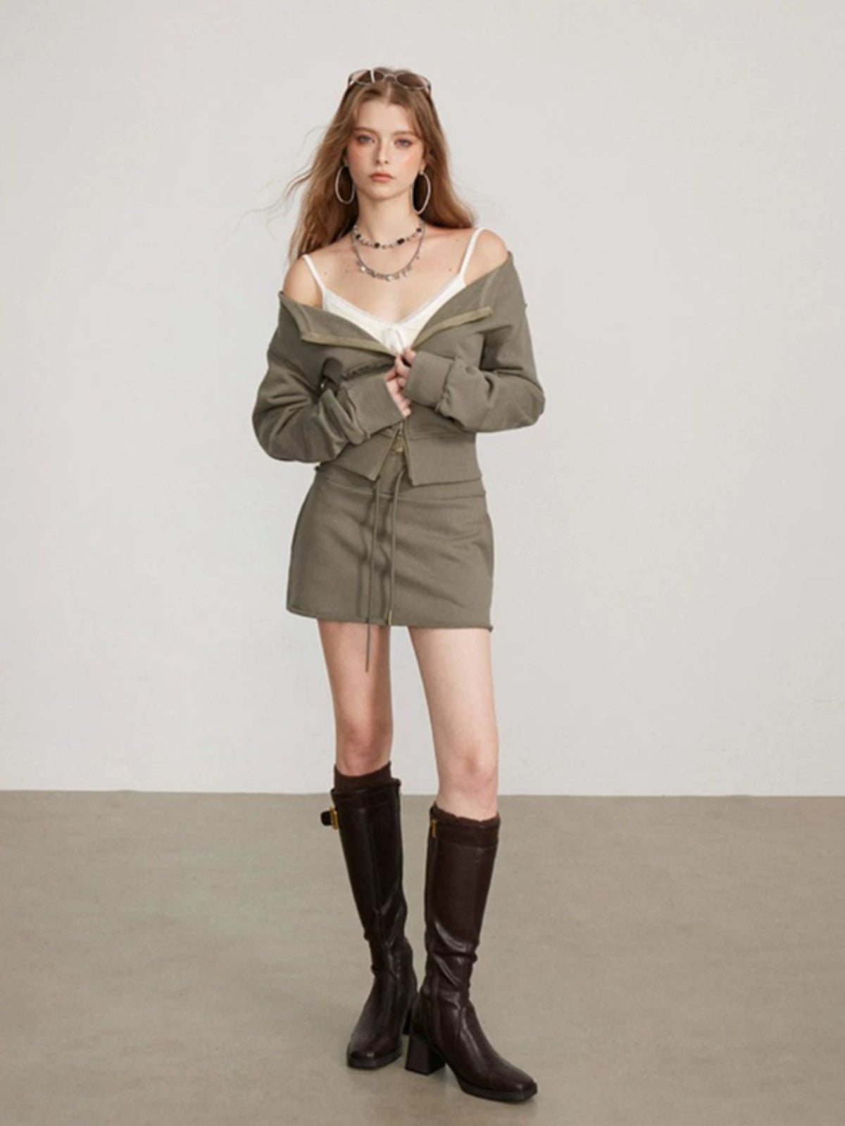 Zip Sweatshirt Skirt Two Piece Set