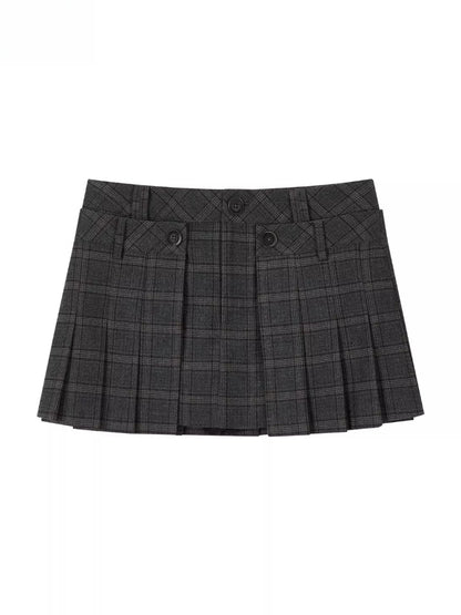 Gray Plaid Double Waist Pleated Skirt