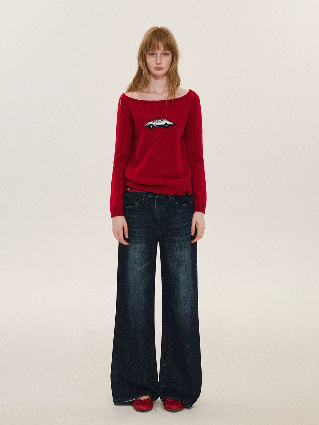 Car Motif Off Shoulder Sweater